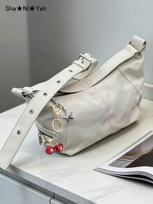 复古潮人小众设计皮革拉链单肩手提包 - 米色 - 查看 3