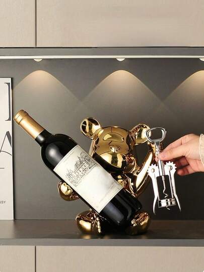 1-częściowy ceramiczny stojak na wino z otwieraczem do butelek, dekoracja z postacią niedźwiedzia w kreskówkowym kolorze, odpowiedni do salonu, baru, kuchni, przechowywania i organizacji, pasuje również na imprezy, urodziny i kemping.