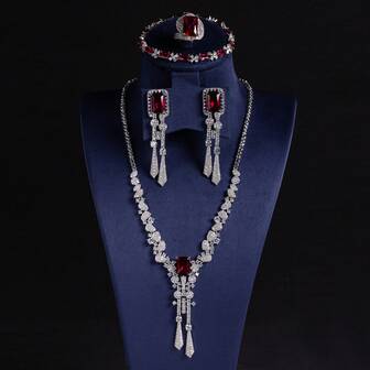 Conjunto de 4 piezas de joyería de moda para mujer, que incluye collar, aretes, pulsera y anillo con circonita cúbica, adecuado como regalo para mujer en vacaciones/fiesta/boda/Día de San Valentín