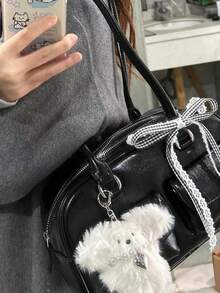 Women's Horizontal Boston Bag With Ribbon Decoration, Large Capacity, Lightweight PU Material, Fashionable & Cute, Popular Model, Perfect For Commuting To Work Or School - Black - View 5