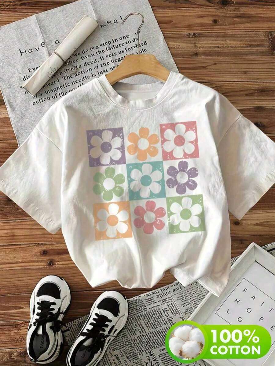 Playera básica mujer dama cuello redondo manga corta estampado GRAFICO DE FLORES POP COLORES FLOWERS GRAPHIC Estilo Casual Moderno| Textura Suave Fortiz - Blanco - Ver 1