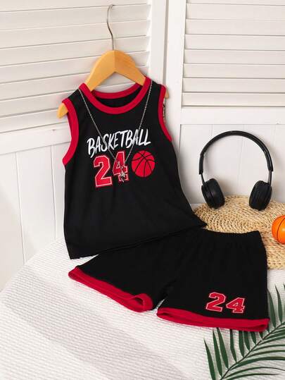 2pcs/Set Young Boy Sports Casual Outdoor Minimalist Popular Gift Fashion Cute Comfortable 24# Basketball Jersey Sleeveless Top And Shorts Set, Suitable For Summer