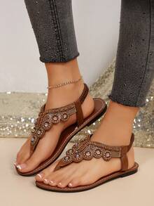 女士时尚性感个性化波西米亚猫眼人字拖大码平底凉鞋，适合日常宴会、通勤、度假和节日穿着。 - 棕色 - 查看 1