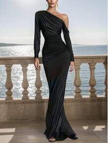 Elegant Women's Black Asymmetric Neckline Ruched Long Cocktail Dress, Long Sleeve Fishtail Hem, Suitable For Party Wear Wedding Spring - Black - View 9