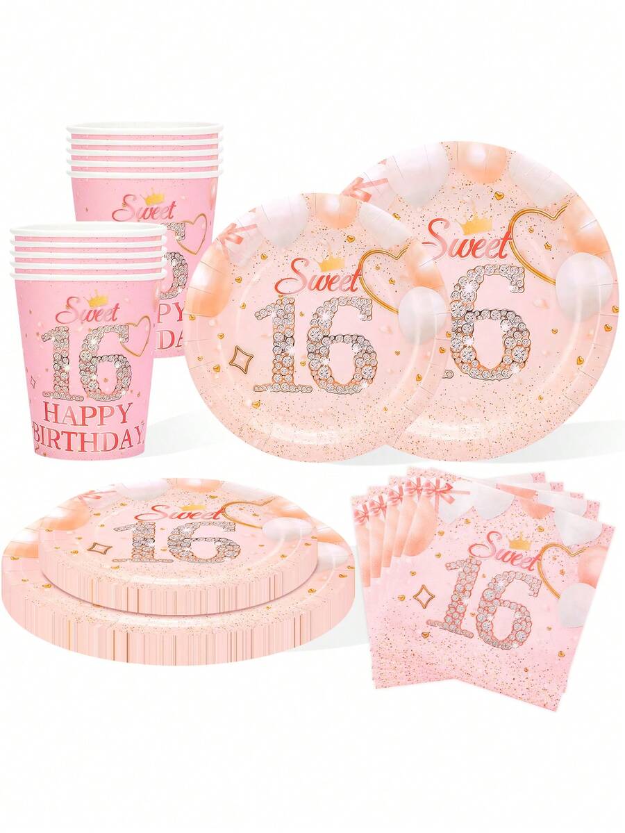 10个/20个/50个/80个玫瑰金甜美16岁生日派对纸盘、纸杯和餐巾纸餐具套装，16岁生日派对装饰，16岁一次性蛋糕甜点餐具套装，适合女孩女士生日派对用品。 - 彩色 - 查看 1