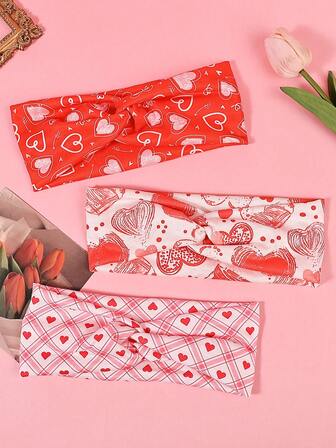 3 st/set Alla hjärtans dag stretchiga pannband med rosett, hjärttryck söta och söta, presentask för kvinnor, älskare, flickvän
