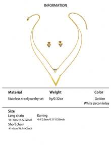 3pcs Set V-Shaped Rhinestone 18K Gold Plated Stainless Steel Double Layer Necklace & Earrings, Perfect Birthday, Christmas, New Year, Date, Dance Party Jewelry Set, Bohemian Style, Ideal For Anniversary, Mother's Day, Date, Dance, Back To School, Wedding, Business, Vacation And Casual Occasions - Yellow Gold - View 5