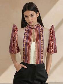 1件 Amyenjoylife 现代菲律宾风格女式衬衫，时尚半透明拼接立领设计，优雅上衣，纽扣衬衫，春夏款，蝴蝶袖菲律宾风格，女士菲律宾短外套 - 紅色 - 查看 4