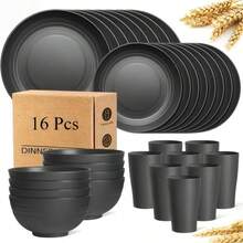 32pcs Dinnerware Sets For 8, Plastic Plates And Bowls, Includes Dinner Plate, Dessert Plate, Cereal Bowl, And Cup, Unbreakable Plastic Cutlery For Outdoor Camping, Black, Suitable For Home Kitchens And Outdoor Camping - 黑色 - 查看 8