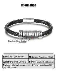 1pc Unique Leather Bracelet For Women Men Custom 1-10 Names Engraved Bracelets Customized Women Men Braided Leather Bracelets Gift For Mother Father Husband Wife Boyfriends Girlfriends Grandpa Grandma Birthdays Holidays Christmas Black Stylish, Vintage, Contracted, Simple, Unisex, Punk, Fall Fashion, Old Money Custom, Personalized - Silver - View 14