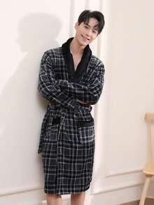 男士加长浴袍睡衣，厚法兰绒家居服 - 彩色 - 查看 10