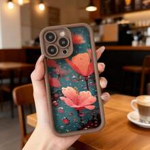 Cubierta de telefono con borde negro y diseño floral rojo sobre fondo azul oscuro con gotas de agua para uso diario en cafeterias y espacios interiores,Aplicable a los teléfonos de la serie Apple y Galaxy - Burdeos - Ver 5