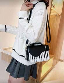 Mini Piano Key Pattern Flap Square Bag Piano Guitar Music Notes Handbag, Creative PU Leather Tote Bag, Crossbody Bag For Women Girls , Small Bags - 黑與白 - 查看 3