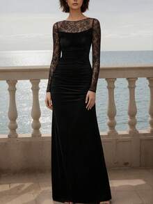 Abito elegante da sera formale con zip, in colore unito, con inserti in pizzo e volant, adatto per matrimoni e occasioni primaverili, colore nero - nero - Visualizzare 8