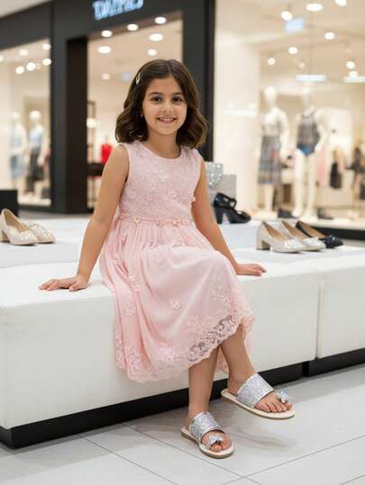 1 Pair Silver Glitter Toe-Ring Flat Slippers, PU Material With Rhinestone Butterfly Decor, Suitable For Girls Aged 3-15 For Outings, Gatherings And Casual Wear, 2026 Spring/Summer Fashion