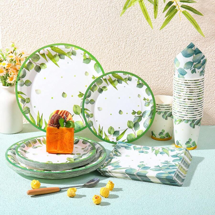 Vine Pattern Disposable Tableware Set, Including 7/9 Inch Paper Plates, Paper Cups, Paper Napkins, Suitable For Birthday Parties, Festivals, Gatherings, Picnics, Celebration Events, Wedding Tea Parties, Graduation Ceremonies Disposable Party Supplies - Multicolor - View 1