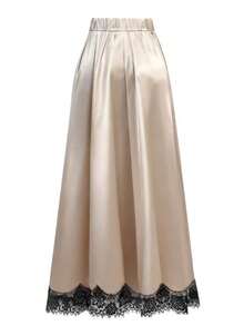 EARO Elegant Women's Long Satin Skirt, Adorned With Delicate Lace Trim, Flowing Non-Stretch Fabric, Suitable For Various Occasions, Silky Smooth Texture Summer - Champagne - View 3