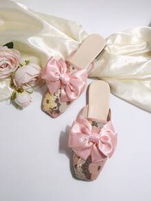 女士蝴蝶结亮片装饰平底拖鞋，方头设计，平底款式，适合春夏穿着 - 粉色 - 查看 6
