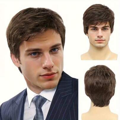 10 Inch Brown Short Layered Bangs Wig For Men, Suitable For Daily Wear And Halloween Costume