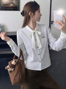 条纹前开襟纽扣家居服长袖衬衫