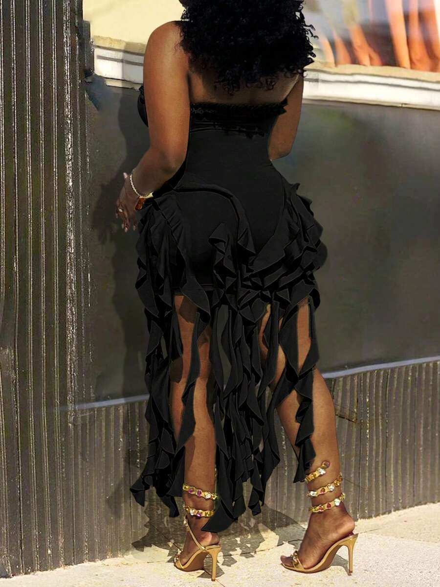 Women Plus Size Summer Sexy Strapless Midi Ruffles Bodycon Dress Solid Color Stretch Slit Slim Party Cocktail Dresses New Year And Valentine Day Outfits - 黑色 - 查看 1