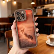 Cubierta de teléfono con borde negro diseño de caballos en el atardecer para uso diario en cafeterías y espacios interiores,Aplicable a los teléfonos de la serie Apple y Galaxy - Café integral - Ver 7