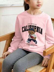 1件少女学生休闲印花白色圆领套头卫衣，秋/春季款 - 粉色 - 查看 2