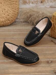 1 Pair Kids/Children Classic Loafers Moccasins, With Thick Platform Soles, Metal Decor On Toe, Orange Trim, Casual & Comfortable Style. These Shoes Are Also Known As Boat Shoes, Driving Shoes Or Mom Shoes, Featuring Lightweight, Non-Slip, Easy On/Off, Suitable For Daily Commute And Long-Standing Occasions. - Black - View 6