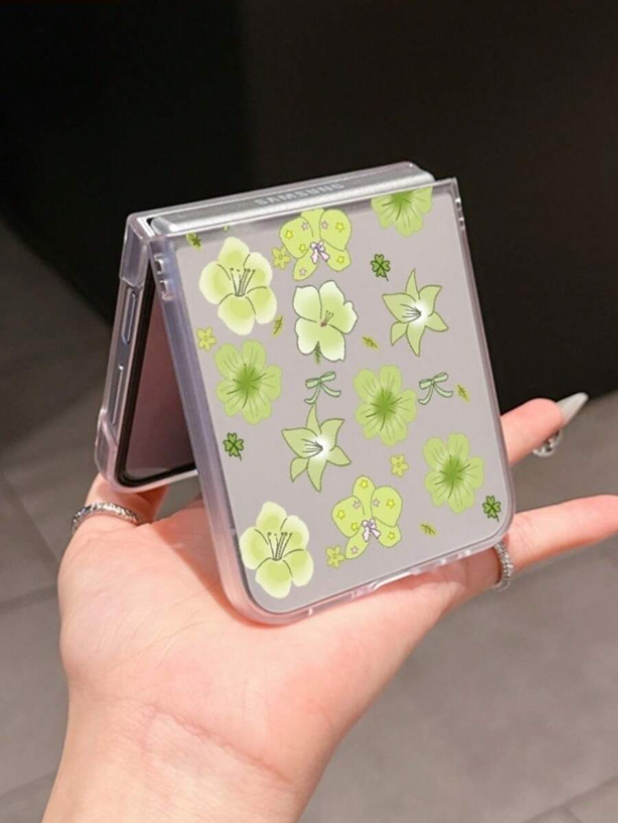 1pc Fashionable And Simple Matte PC Material Cute Flower Element Folding Phone Case, Can Protect And Prevent Falling: SamsungGalaxy Zflip 3/Zflip 4/Zflip 5/Zflip 6/Zflip 7/OPPO Find N3 Flip/ Razr 50 Ultra/ Razr 60 Ultra/ Razr 60/ Razr 50/XiaomiMIX Flip/Galaxy Z Flip7 FE - Transparent Green - View 1