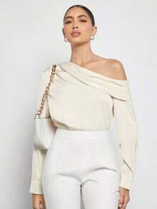 Blusa de satén con cuello asimétrico y volantes para mujer, camisa elegante de manga larga para el trayecto urbano, casual de negocios y ocasiones formales - Albaricoque - Ver 5
