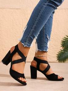 Women's Summer New Thick Heel Sandals, Mom Style Versatile Open Toe Roman High Heel Shoes - Black - View 3