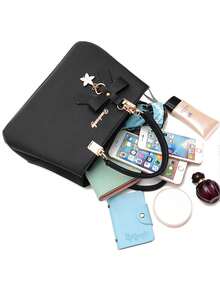 2025 New Design Shoulder & Handheld Bag With Bowtie Pendant, Casual Style, Mother Day Gifts, Mom Gifts, Mommy's Essentials, Mommy Bag For Going Out, Business Casual Bag For Women, Perfect For Office, Business And Work, Business Casual Woman Bag Perfect For Office Business And Work , New Year - 黑色 - 查看 5