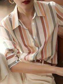 Women's Vertical Striped Button-Up Shirt, Long Sleeve Casual Collared Blouse - Caramel Color - View 2