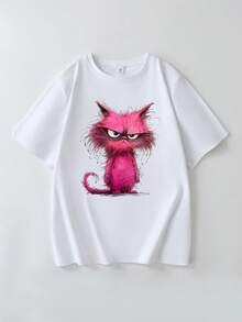 Plus Size Women Cartoon Print Casual Versatile Commuting Short Sleeve T-Shirt - White - View 8