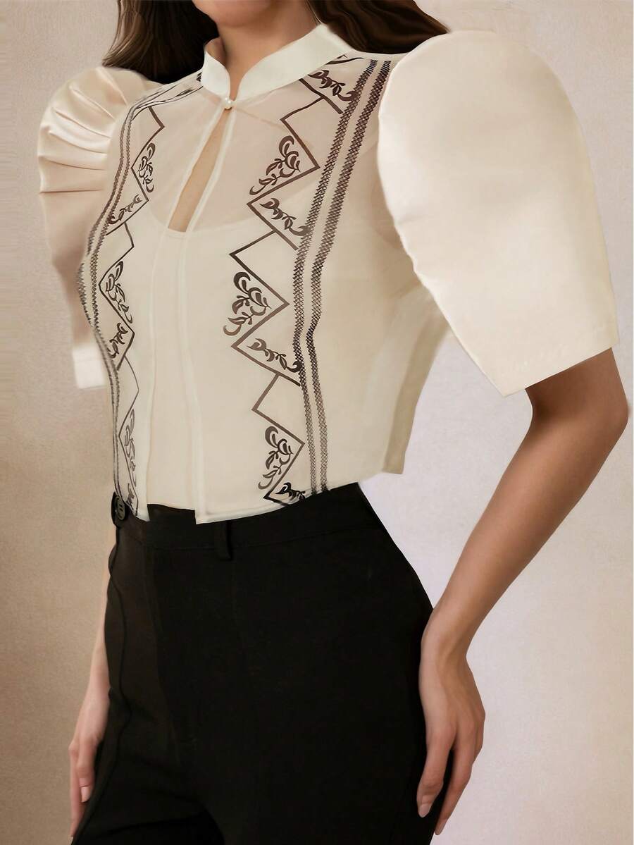 Modern Filipiniana 1 Women's Summer Spliced Bubble Sleeve Short Top - Apricot - View 1