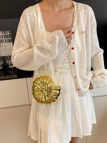 迷你贝壳造型时尚激光金属手拿包，Y2K复古金属框架链条单肩斜挎包，适合女士正式晚宴、外出、约会、购物等场合，优雅贝壳钱包，完美搭配派对、婚礼、盛会和宴会，可与婚纱、正式礼服、舞会礼服和生日服装搭配。 - 金色 - 查看 4