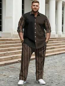 Plus-Size Men's Shirt Set, Color-Blocked Shirt And Plaid Trousers, Two-Piece Set, Men's Clothing, Casual Wear, Spring Set.Business Tweed Suit - Nhiều màu - Xem 4