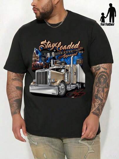 Camiseta gráfica de camión semirremolque de talla grande para hombres - Diseño de camión y camión de 18 ruedas, ropa pesada para conductores de camiones de 18 ruedas, camiseta de algodón de manga corta con cuello redondo casual para camioneros y amantes de los camiones, ajuste cómodo para todas las estaciones, lavable a máquina, ajuste relajado para atuendo casual, impresión de camión semirremolque llamativa, tela de algodón transpirable, TALLA GRANDE, camisa de talla grande para hombres, camisetas para hombres, Día del Padre