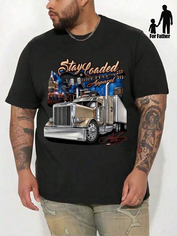 Camiseta gráfica de camión semirremolque de talla grande para hombres - Diseño de camión y camión de 18 ruedas, ropa pesada para conductores de camiones de 18 ruedas, camiseta de algodón de manga corta con cuello redondo casual para camioneros y amantes de los camiones, ajuste cómodo para todas las estaciones, lavable a máquina, ajuste relajado para atuendo casual, impresión de camión semirremolque llamativa, tela de algodón transpirable, TALLA GRANDE, camisa de talla grande para hombres, camisetas para hombres, Día del Padre
