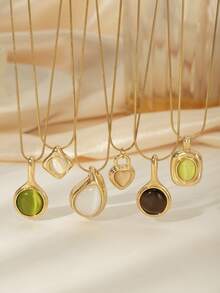 1件复古时尚棕绿色天然石吊坠项链，心形和水滴形椭圆几何不锈钢18K镀金颈链，女士珠宝礼物 - 金黃色 - 查看 1