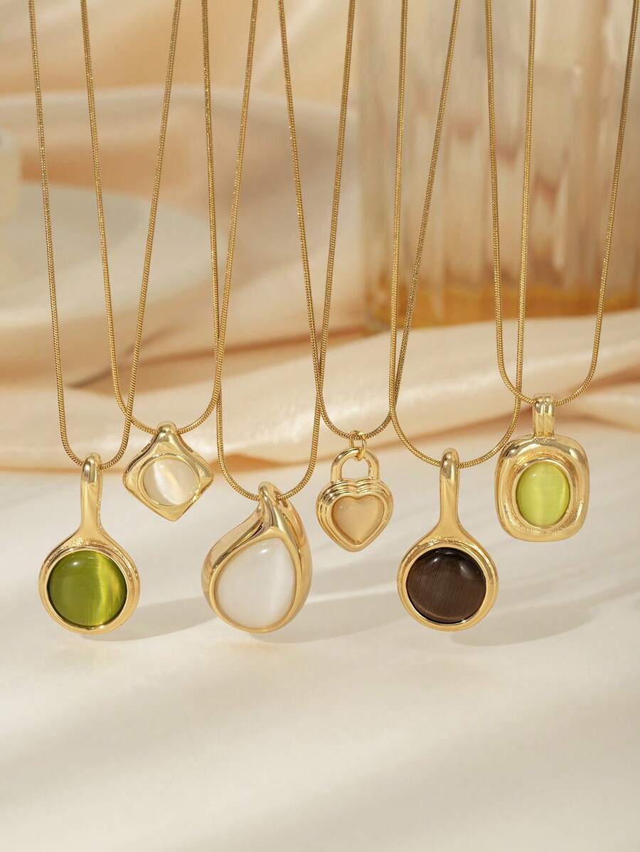 1件复古时尚棕绿色天然石吊坠项链，心形和水滴形椭圆几何不锈钢18K镀金颈链，女士珠宝礼物 - 金黃色 - 查看 1