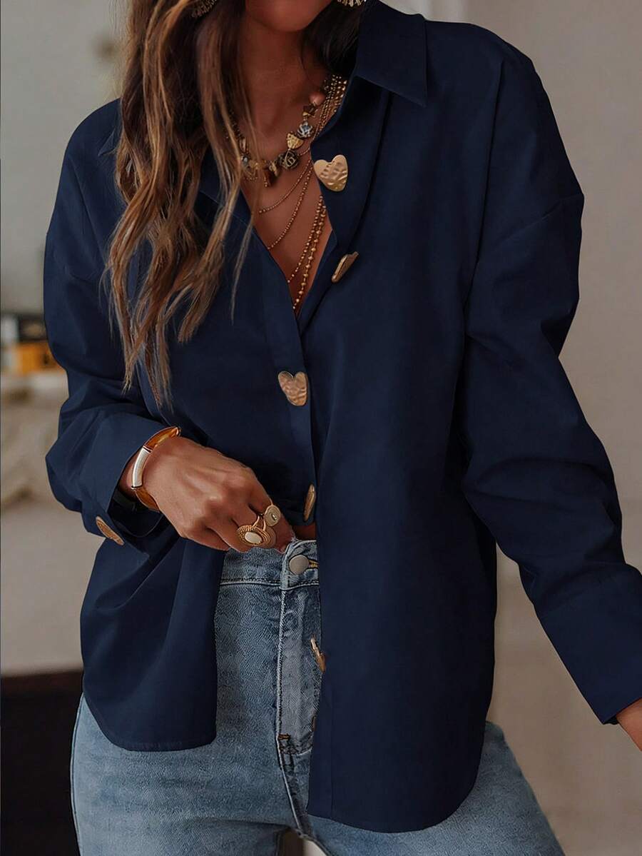 Plus Size Navy Blue Front Button Long Sleeve Shirt For Women, Dropped Shoulder Heart-Shaped Button Loose Casual Woven Fabric, Elegant Versatile Commuter Top Spring