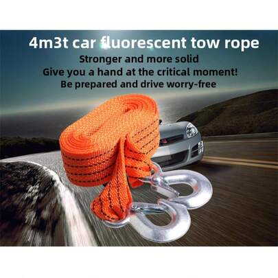 Heavy Duty Emergency Tow Rope With Metal Hooks, Orange Fluorescent Car Tow Rope, Durable And Flexible, Operation, Suitable For Vehicles, Camping And Outdoor Adventures, Vehicle Towing, Sturdy Construction, High Strength Material