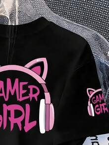 少女卡通图案印花圆领宽松休闲短袖T恤 - 黑色 - 查看 6