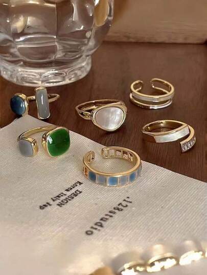 一套复古波西米亚风戒指套装 - 6枚可调节开口几何彩色戒指，镶嵌立方氧化锆，锌合金时尚戒指，女士奢华魅力首饰，适合日常、派对、节日和圣帕特里克节佩戴，均码，四季皆宜。