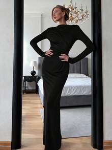 Women's Autumn Round Neck Ruched Waist Long Sleeve Elegant Party Cocktail Dress, Carnival - Black - View 4