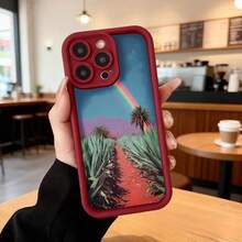 Funda para teléfono con borde negro diseño de paisaje desértico con arcoíris y palmeras color azul vibrante ideal para uso diario en cafeterías y espacios urbanos,Aplicable a los teléfonos de la serie Apple y Galaxy - Burdeos - Ver 2