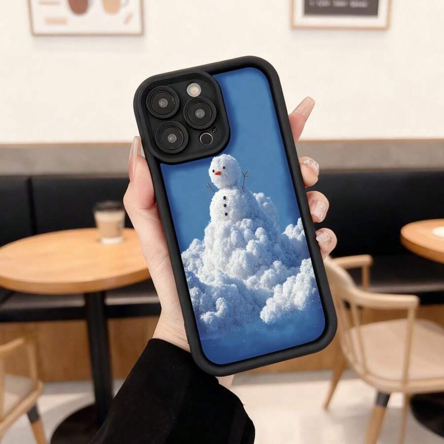 Cubierta de teléfono con borde negro y diseño de nieve azul con muñeco de nieve en nubes para uso diario en cafeterías,Aplicable a los teléfonos de la serie Apple y Galaxy - Blanco - Ver 1