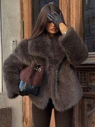 TRAFZA Women's Faux Fur Elegant Jacket, Casual Luxury Solid Color Coat, Warm Loose Women's Fashion Street Style Long Sleeve Jacket