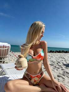 Women's Floral Print Sexy Bikini Swimsuit, 2 Pieces Summer Beach Vacation Set - Multicolor - View 1